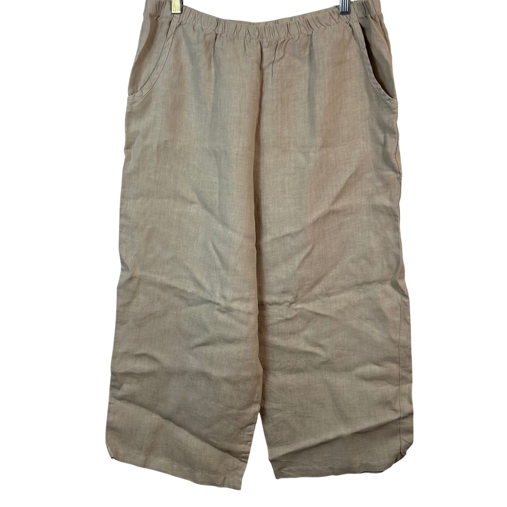 Hot Cotton Womens Tan 100% Linen Wide Leg Cropped Elastic Waist Pants Large